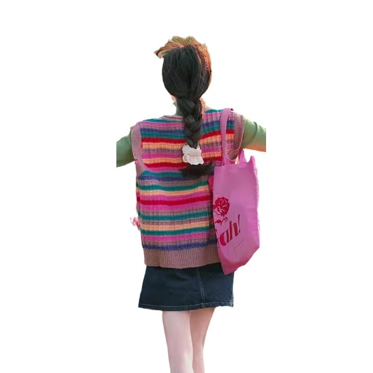 Retro dopamine rainbow striped knitted vest cardigan sweater vest women's spring and autumn stacked vest sleeveless top