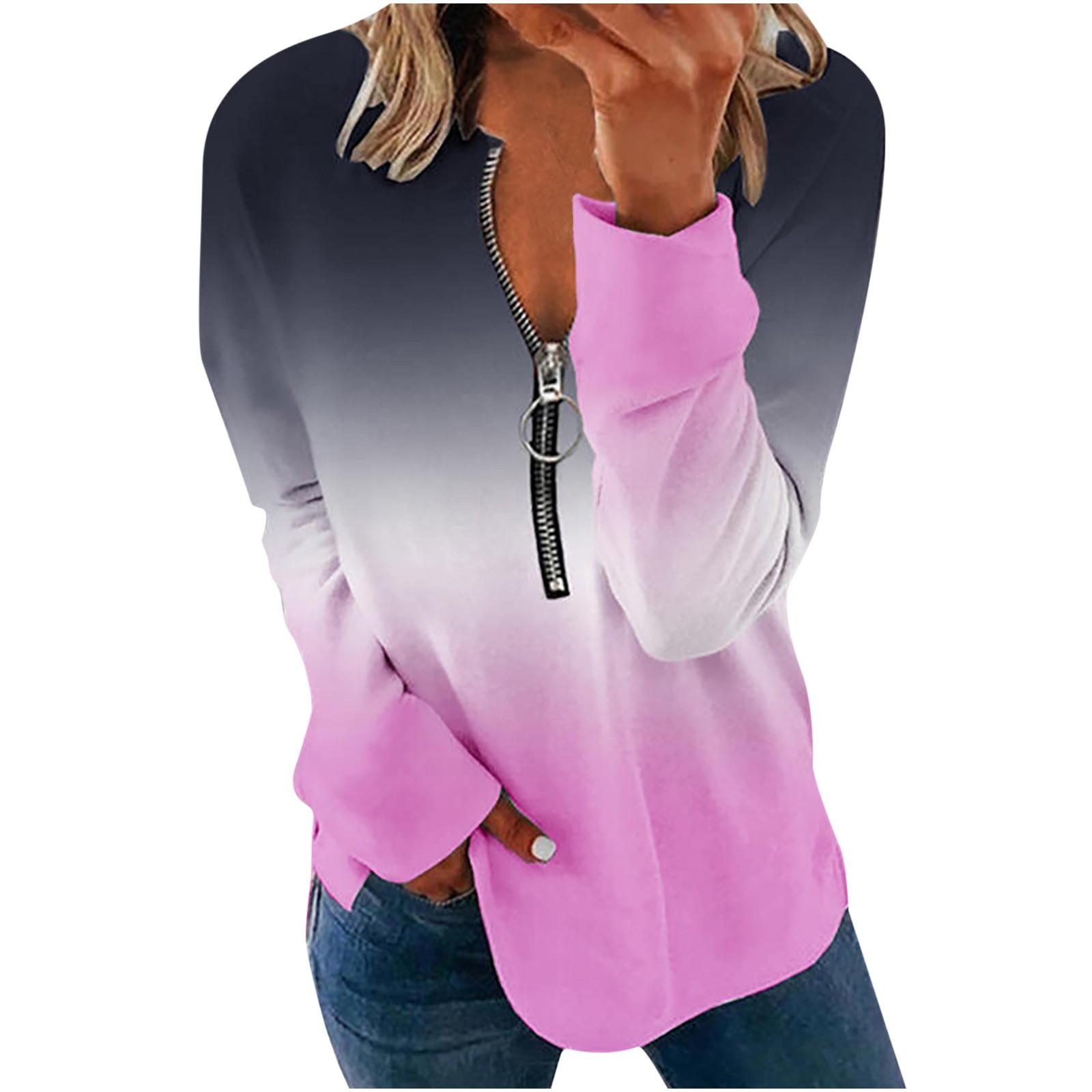 Women's Gradient Round Neck Long Sleeve Sweatshirt With Zipper_voghion.com