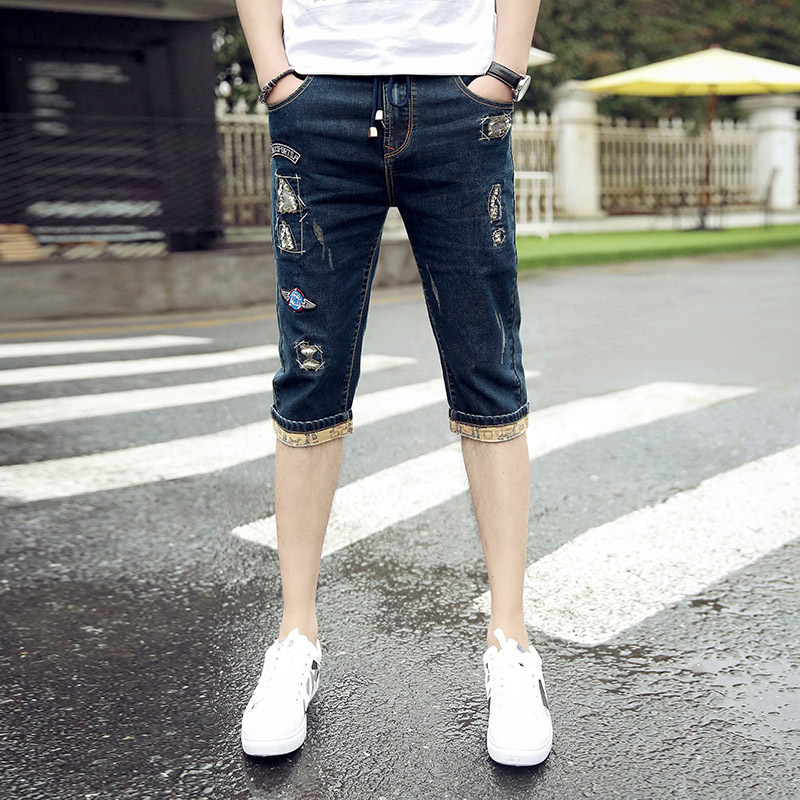 Cropped ripped Denim shorts men's summer thin men's fashion brand slim cropped pants trendy youth casual middle pants