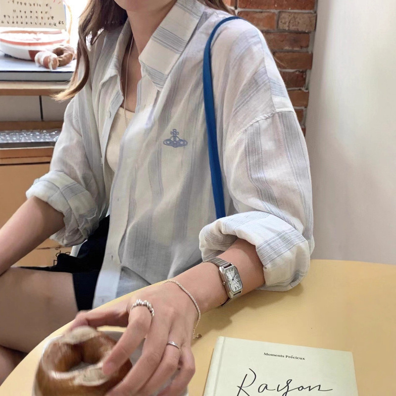 Vivi Mrs. West's Ready-Made Small Saturn Embroidered Vertical Stripesd Sun Protection Shirt Mid-Length Loose Long-Sleeved Outer Shirt