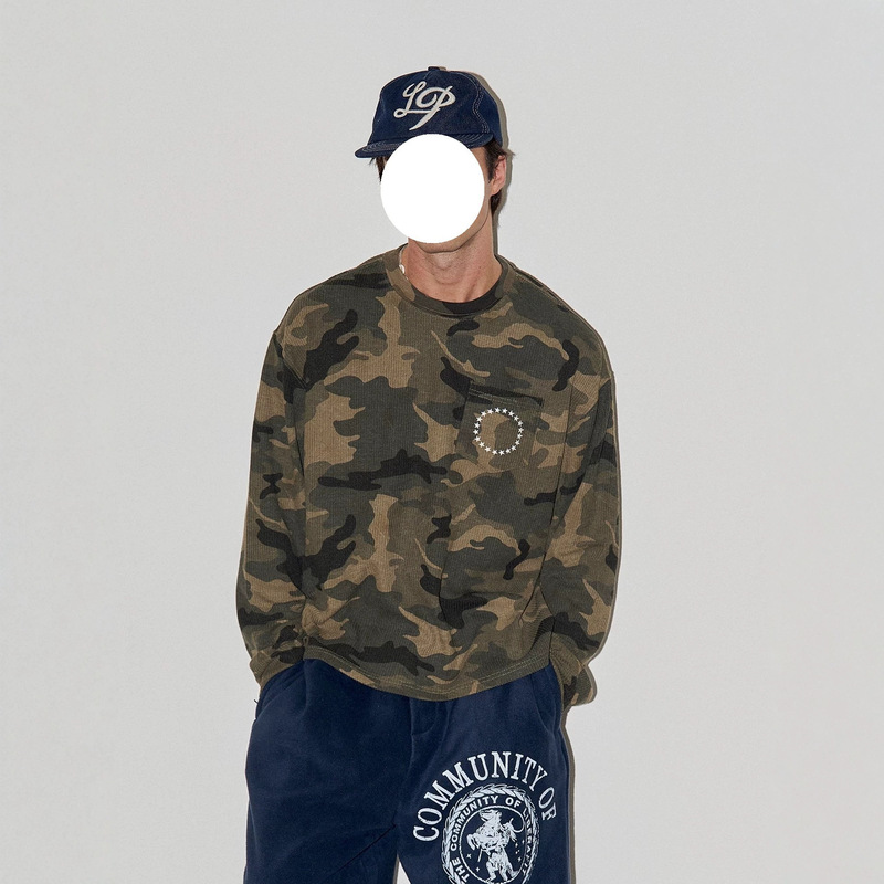 American retro camouflage waffle-knit long-sleeve T-shirt, men's autumn fashion, niche embroidered sweatshirt, inner layer base shirt