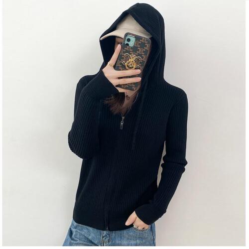 Spring  New Hooded Cardigan Sweater Women's Base Layer Casual Loose Knit Zipper Jacket with Hat