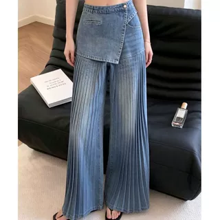 轻奢高级感独特美式高街百搭高腰显瘦水洗假两件牛仔裤女直筒裤子