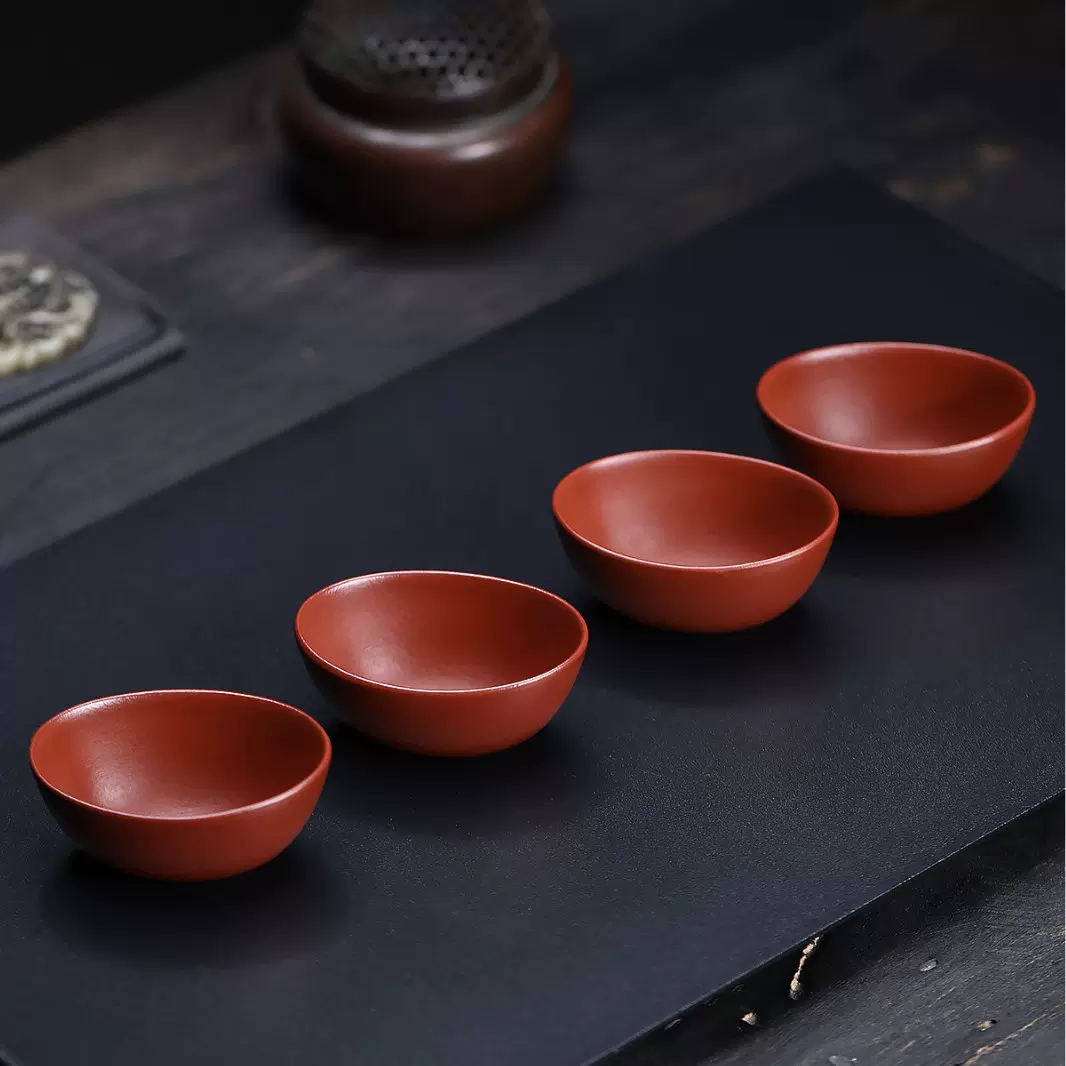 宜兴紫砂源头厂家批发价原矿朱泥大红袍元宝口杯4只品茗杯家用50c