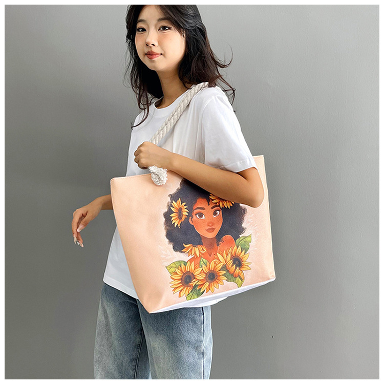 New cross-border tote bag, versatile women's portable shopping bag, creative women's printed aesthetic thick rope beach bag undefined