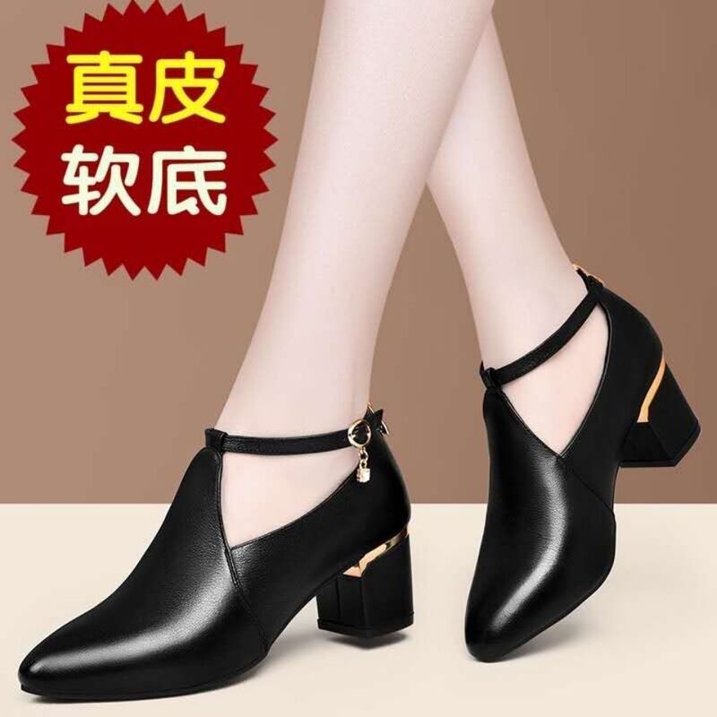 正品牌粗跟中跟单鞋女春秋新款百搭高跟真皮女士皮鞋大码鞋妈妈鞋|undefined