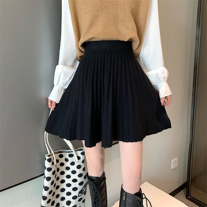 Hot Girl Pleated Skirt Short Skirt Women's Autumn New High Waist A-Line Skirt Black Skirt Western Style Knitted Skirt