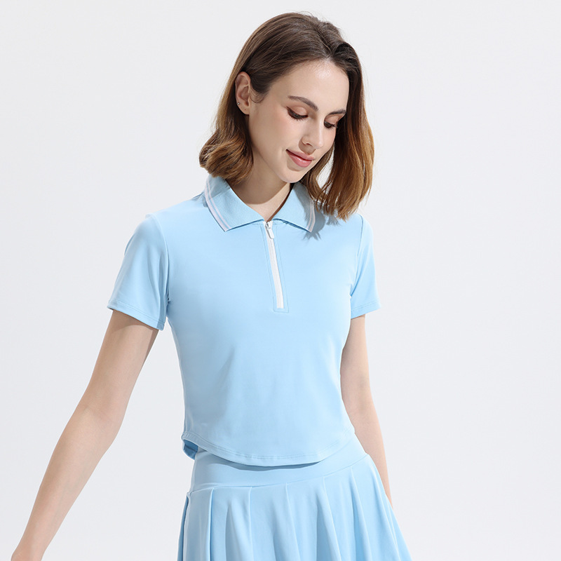 Sports Short-sleeved Women's Arc Hem Loose Fitness Top Naked Sense Slim-fit Breathable Yoga Suit Summer Half Zipper Lar