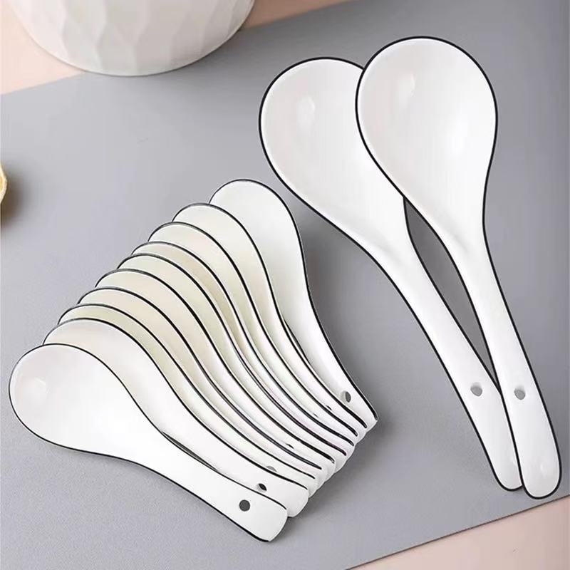 Simple línea negra cuchara de cerámica doméstica cuchara de comedor cuchara de mango largo sopa de restaurante cuchara de restaurante cuchara pequeña