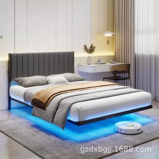 跨境专供悬浮布艺铁架床 带LED灯带充电插座,软靠床头邮购包装