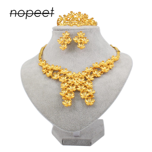 NOPEET Dubai 24K Gold Jewelry Set Indian Women Wedding Bridal Necklace Ring Earring Bracelet Four Piece Set