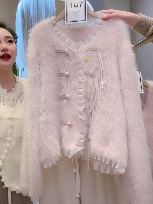 2024秋冬时尚盘扣仿水貂绒针织开衫女软糯设计感甜美毛衣外套花边|undefined