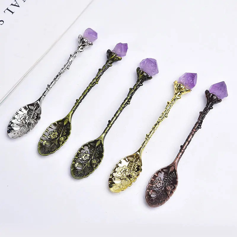 Natural Amethyst Crystal Spoon, Creative Dessert Copper Spoon with Inlaid Vintage Carved Design, Tea Set Coffee Spoon Natural Amethyst Crystal Spoon, Creative Dessert Copper Spoon with Inlaid Vintage Carved Design, Tea Set Coffee Spoon