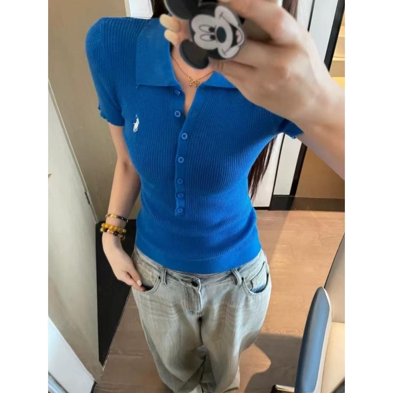 Korean Style Pony Embroidered Polo Collar Pit Knitted Short-sleeved T-shirt Women's Summer New Slim Look All-match Thin Top