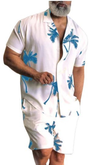 Verano Amazon venta caliente impresión 3D suelta camisa de manga corta traje casual hawaiano estampado de dos piezas para hombre