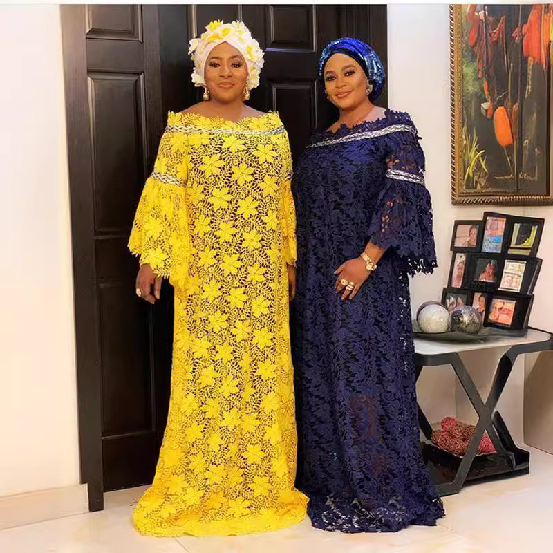 African Women's Lace Loose plus size Gown dress Trumpet Sleeve Fashion Dress with Turban