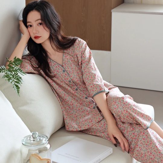 2025 New Explosions Floral Summer Cotton Pajamas Women's Cropped Sleeve Cropped Pants for Outer Wear Home Clothes