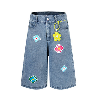 Youth American Retro Petal Patch Distressed Denim Shorts Unisex Loose Straight Wide-Leg Trendy Cropped Pants