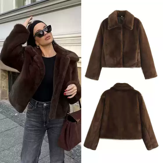 Lapel Long-Sleeve Faux Fur Wool Coat Winter 2025 Trendy B88792