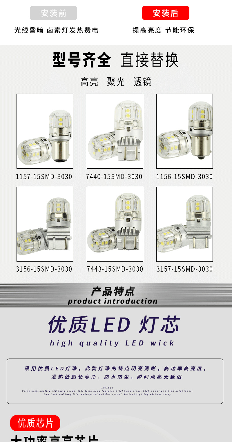 T15Led Car Reversing Light Tail Light High Brightness Car Light T16/921/W15W Car Bulb Infinite 12V24V