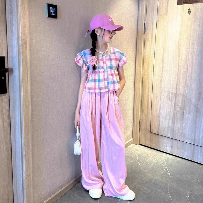 Pantalones anchos para niñas 2025 verano nuevos pantalones sueltos para niños medianos y grandes, pantalones finos a prueba de mosquitos para niñas, traje de dos piezas