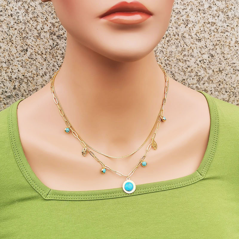 Fashion Round Titanium Steel Inlay Turquoise Layered Necklaces 1 Piece