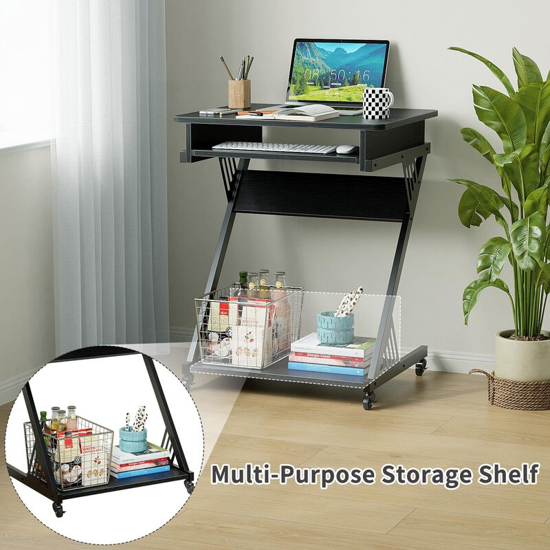 Z-shaped compact office computer desk with smooth keyboard tray, wheels and bottom shelf Z-shaped compact office computer desk with smooth keyboard tray, wheels and bottom shelf