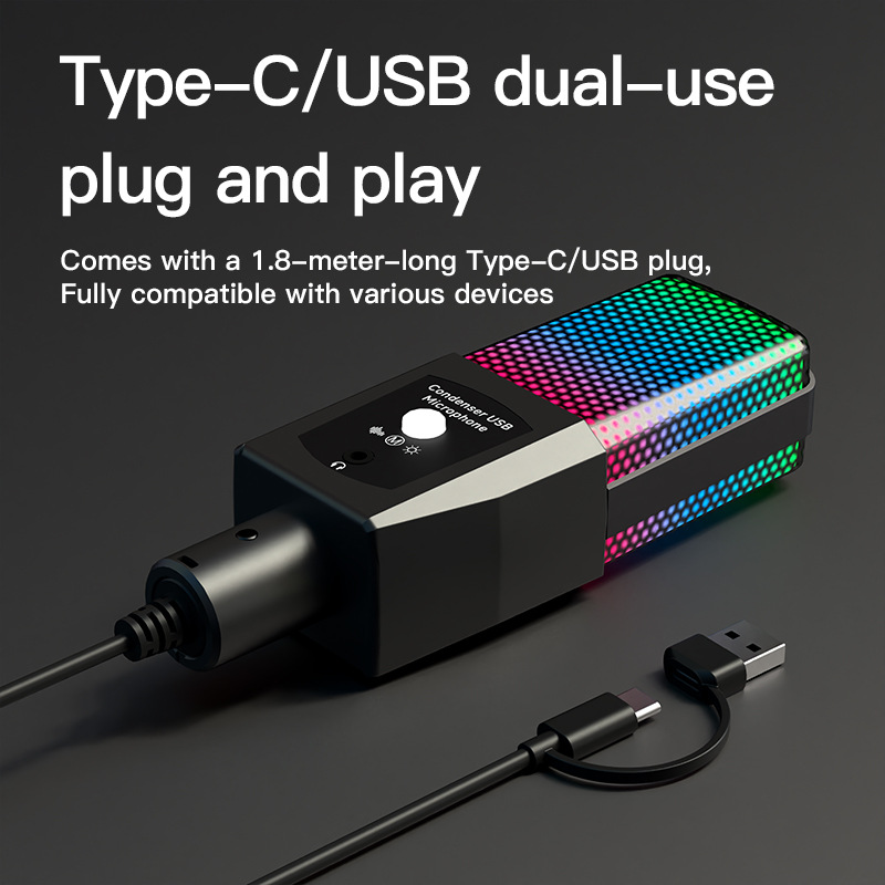 New Plug-And-Play Rgb USB Gaming Microphone with Sound Card and Voice Changer, Suitable for Live Streaming/Recording/Singing