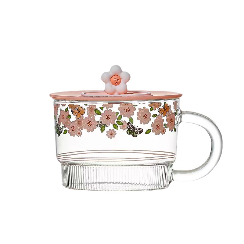 Flor de verano de lujo ligero Vidrio DE ALTO aspecto con tapa Taza de desayuno de gran capacidad de alto aspecto Taza de avena con taza de regalo de mano