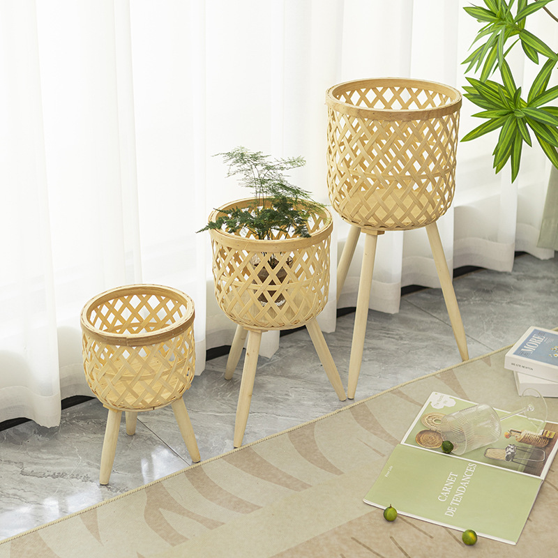 Estilo nórdico transfronterizo personalizado sala de estar cesta de flores tejida de bambú decoración de maceta de ratán de bambú balcón soporte de flores de planta cesta tejida