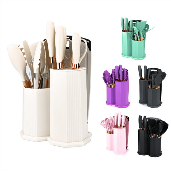 Zhenlang wooden handle silicone kitchenware 19-piece rhombus new storage bucket cooking shovel spoon cutting board knife combination in stock