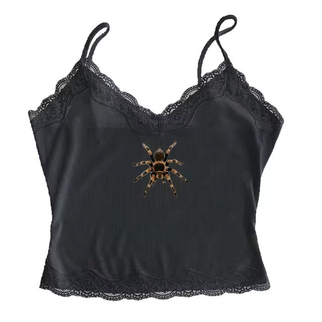 Lace-trim fitted camisole, cute print American style, multiple colors S–L