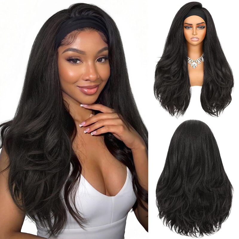 26 Inch Yaki Wavy Headband Wigs, Yaki Wavy Ice Silk Headband Wig for Black People