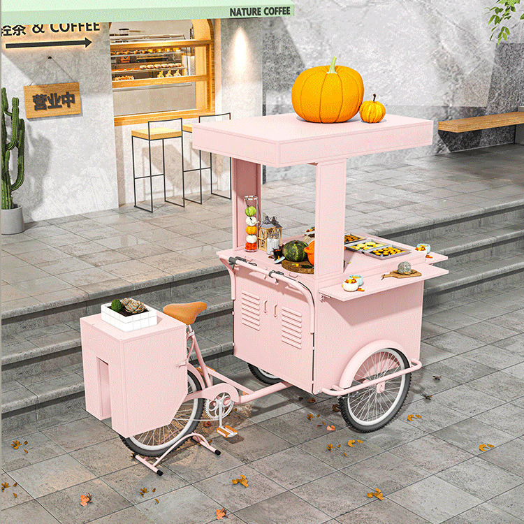 戸外鉄芸花車移動ブース販売促進三輪販売車グルメ街観光地区夜市に露店を出して食堂車を手押しする|undefined