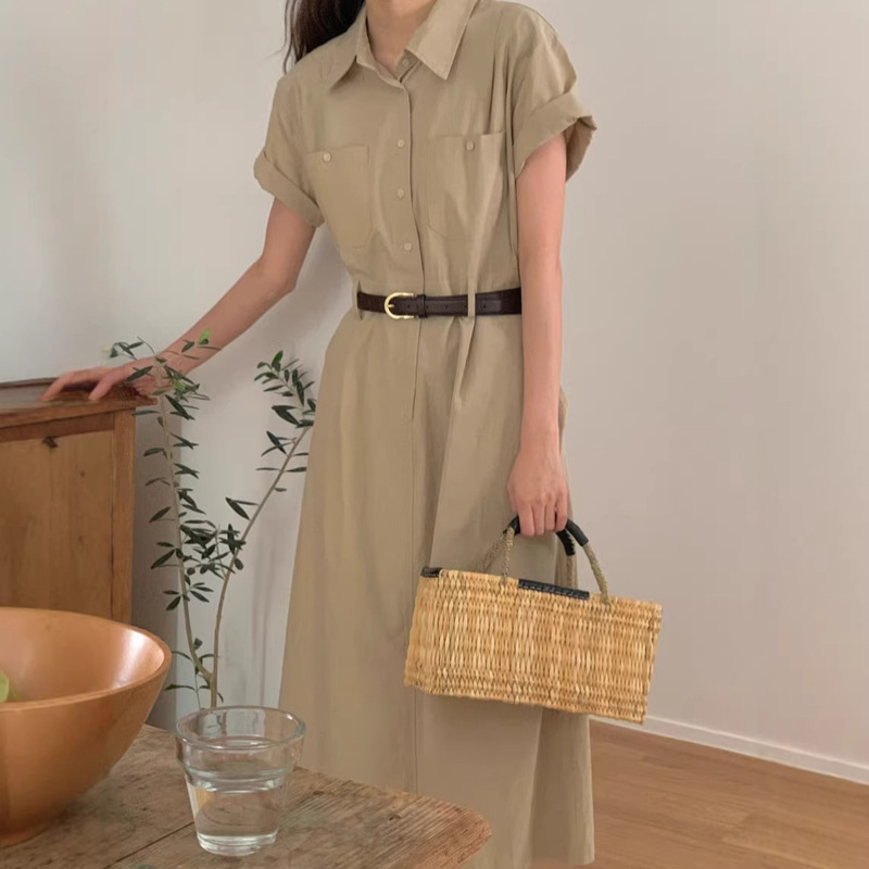 Korean Style Casual Lapel Double-Pocket Back-Slit Elastic Long Dress 2026 Spring/Summer New Model Korean Style Casual Lapel Double-Pocket Back-Slit Elastic Long Dress 2026 Spring/Summer New Model