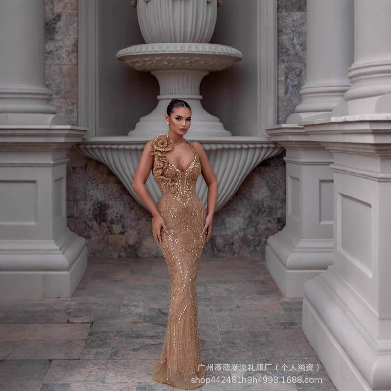 European and American Foreign Trade Fashion Sexy Halter Neck Three-Dimensional Floral Heavy-Duty Rhinestone-Embellished Bodycon Elegant Annual Meeting Host Evening Dress