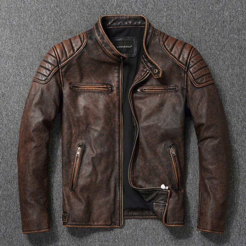 新款捡漏重磅头层牛皮新品皮衣男立领机车服青年春秋大码夹克|undefined
