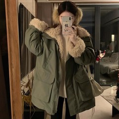 欧货赵露思同款派克服冲锋衣女中长款羊羔绒加绒加厚拼接棉服外套