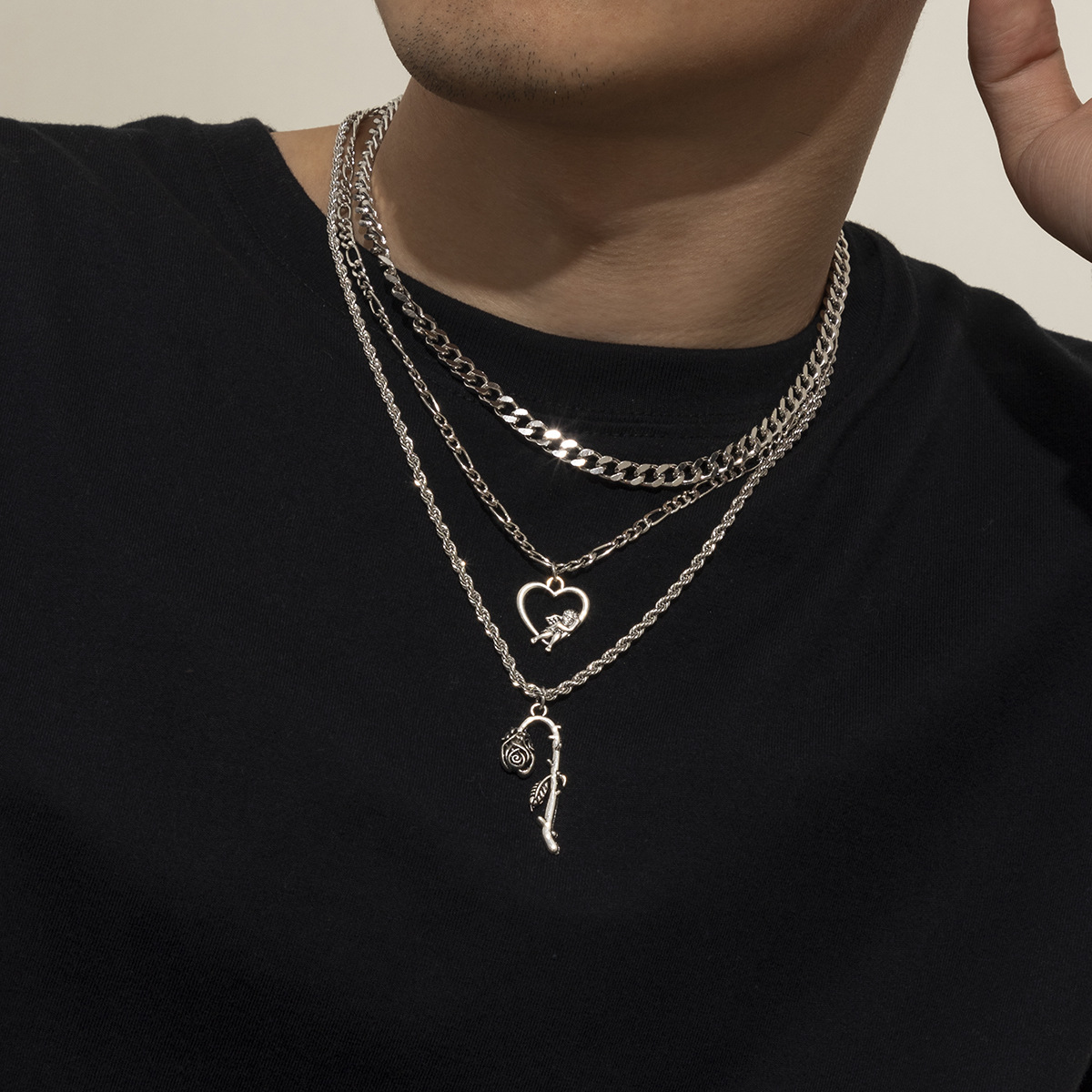 1 Piece British Style Heart Shape Flower Alloy Iron Plating Menu0027S Layered Necklaces