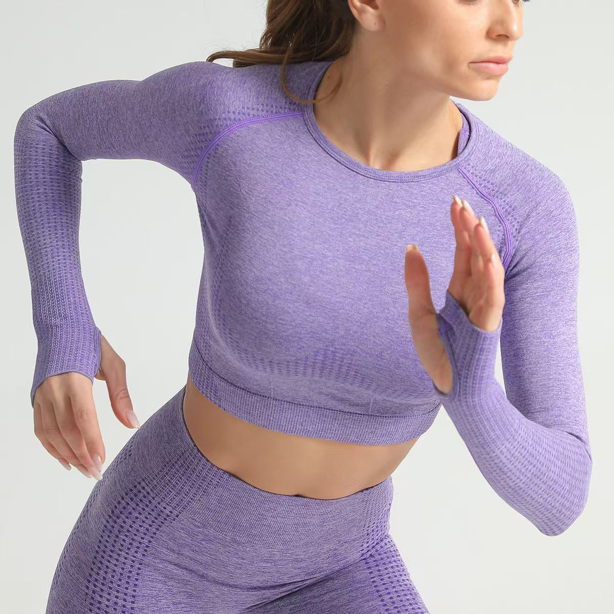 Nuevo cross-border elástico ropa deportiva de gimnasio de manga larga sin costuras agujeros apretados ropa de yoga de secado rápido de manga larga mujer