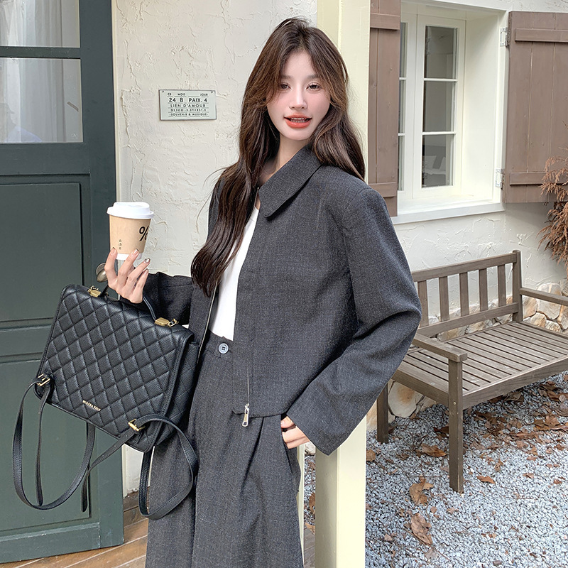 黑色高腰阔腿裤两件套装女2025年春秋季新款宽松显瘦气质上衣开衫|undefined