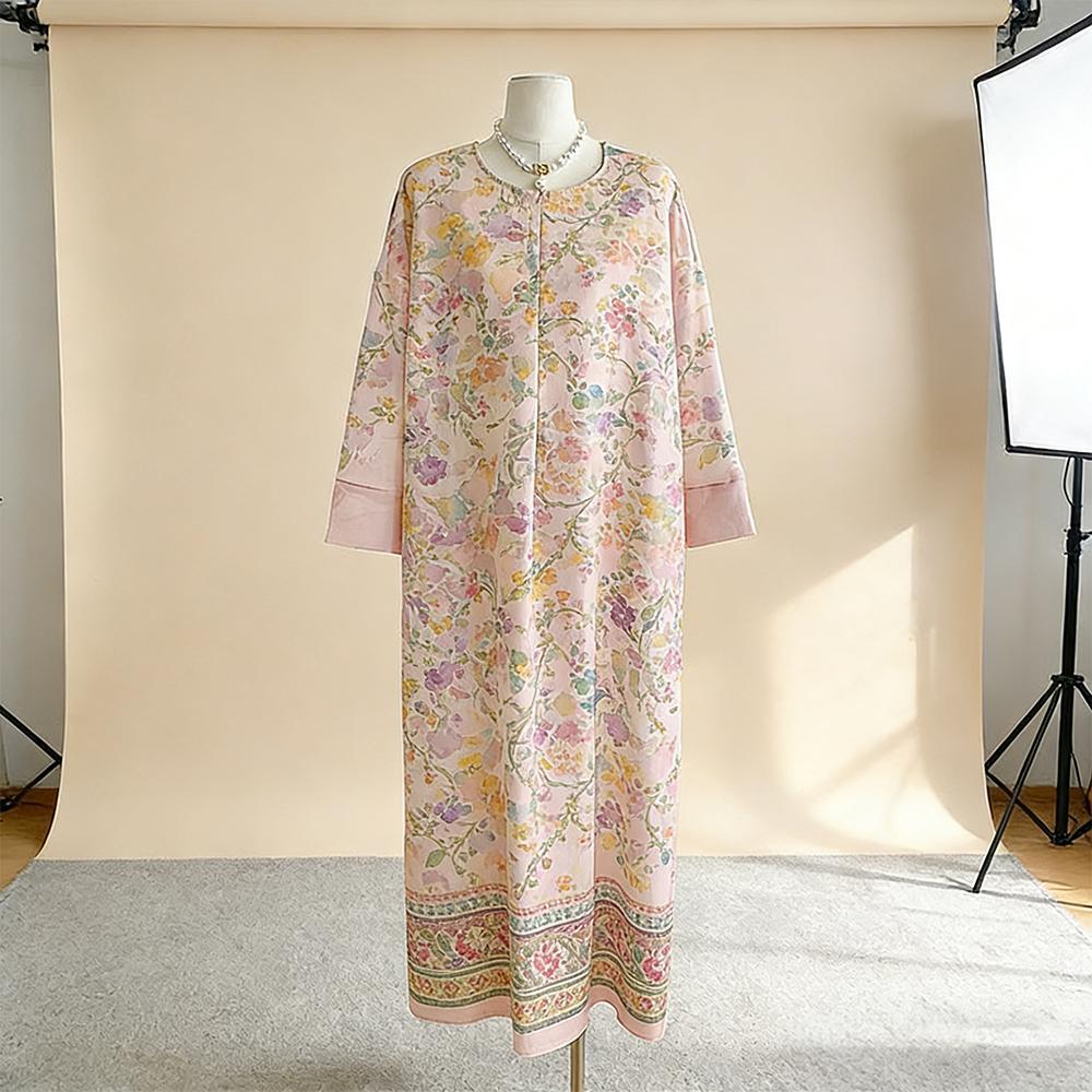 Elegant Muslim Women's Maxi Dress - Loose Fit Modest Abaya With 3D Floral Print - Breathable Polyester Blend Fabric - One Size Fits Most_ecoleips.com
