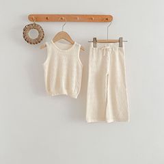 Summer 2024 Korean Style Girls' Set: Thin Sweatshirt with Lace Hole Breathable Backless Top and Wide Leg Pants, Two-Piece Set