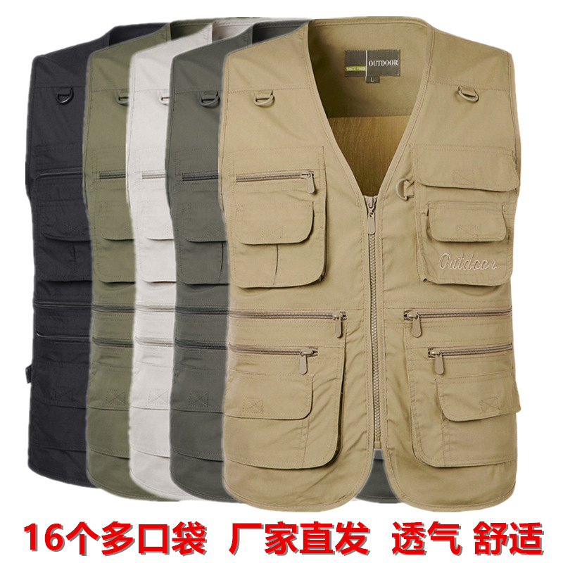Spring and Autumn Multi-Pocket Reporter Director Outdoor Vest Plus Size Printed Photography Vest Advertising Fishing Men's Canvas