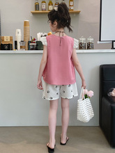 女童娃娃衫套装2024夏季新款小清新甜美女大童飞袖上衣短裤两件套