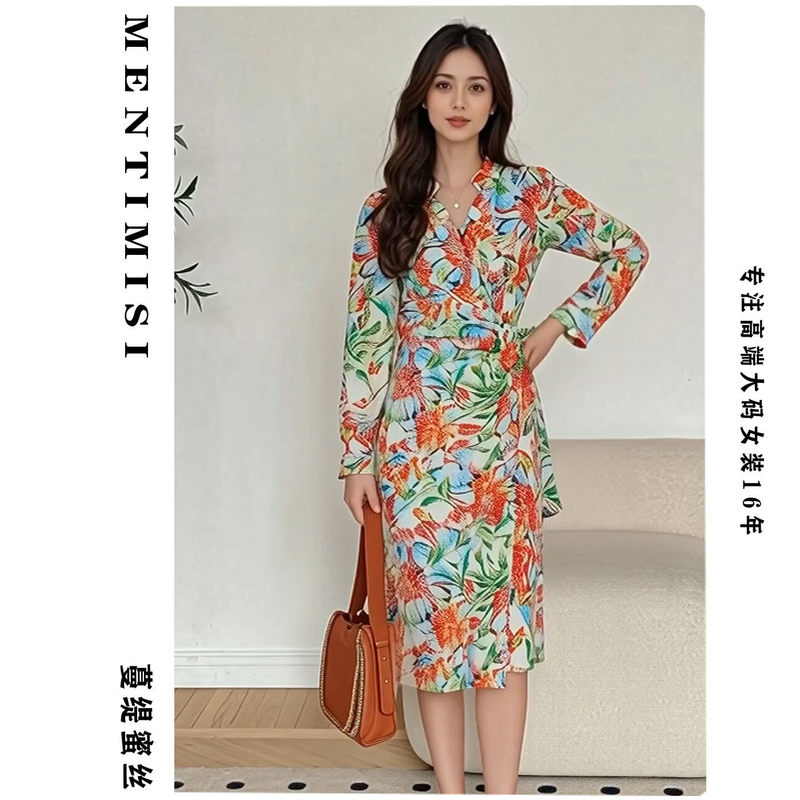 Mantimi Big Size Women's Floral Print Dress V-Neck Wrap-Style Mid-Length Dress with a Slimming Design for Slightly Plump Figures Mantimi Big Size Women's Floral Print Dress V-Neck Wrap-Style Mid-Length Dress with a Slimming Design for Slightly Plump Figures