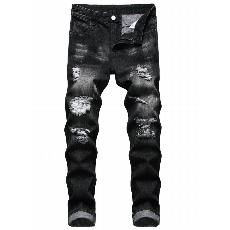 Overseas Warehouse Dropshipping 2025 New Foreign Trade Men's Jeans Distressed Ripped Slim Straight Pants