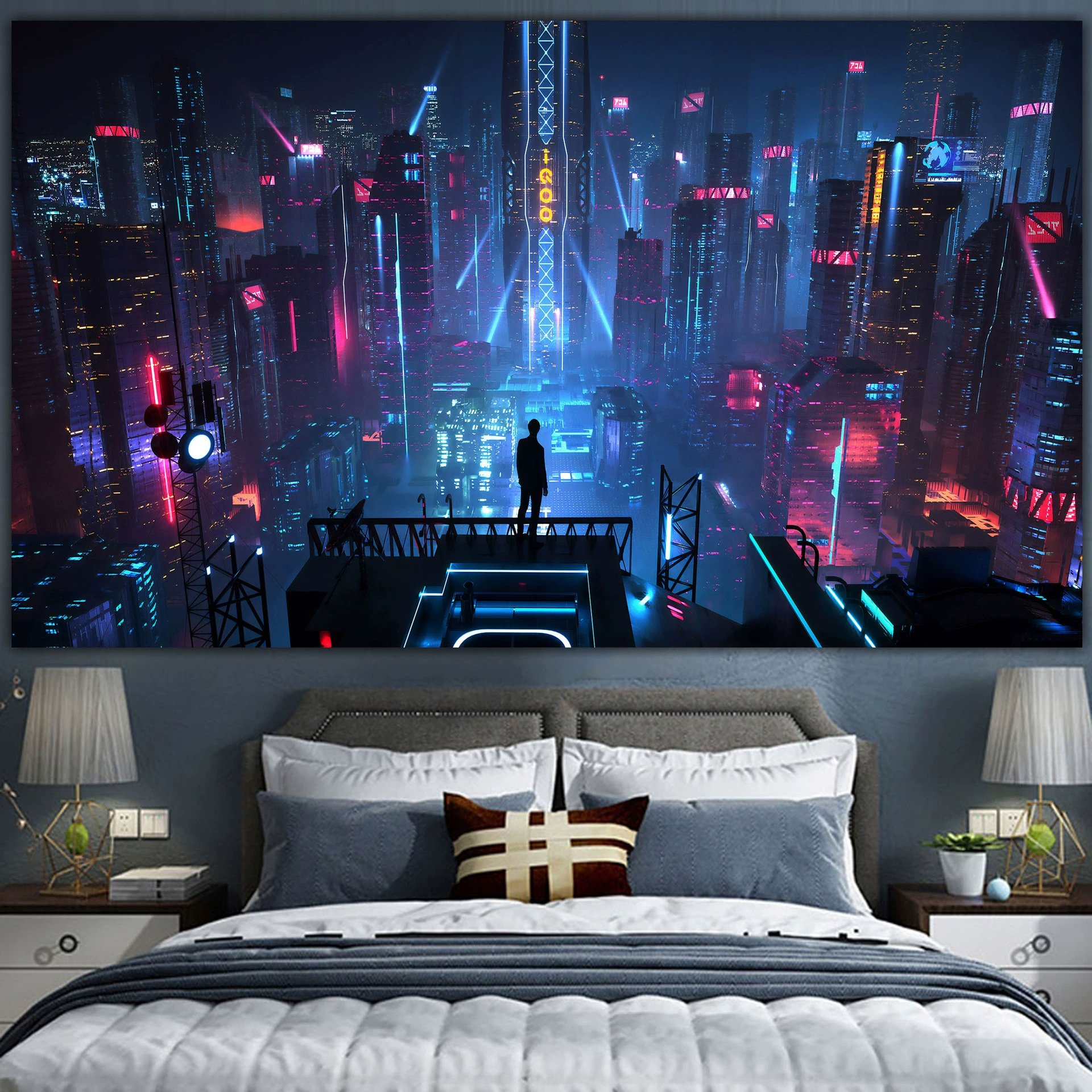 Постер cyberpunk неоновый город, размеры 38×65 см, 85×155 см, 110×200 см
