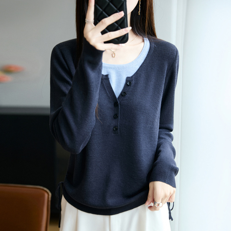 韩版休闲大码遮肚子假两件女内搭春秋胖mm显瘦独特别致上衣小衫女|undefined