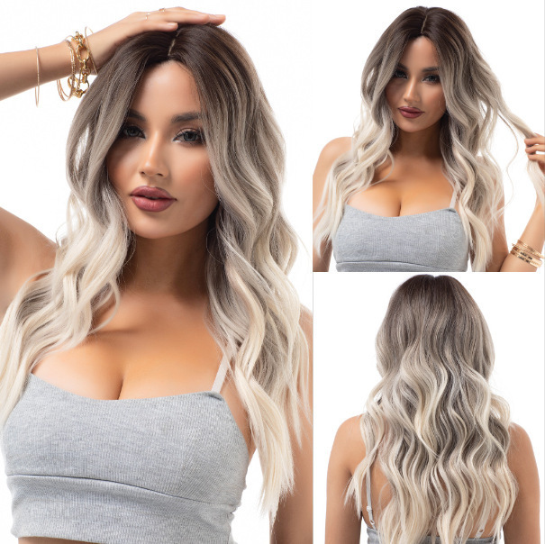 Foreign Trade European and American Style Gradient Gray-Yellow Middle-Parted Small Curly Long Hair Wig Machine-Made Wig Cross-Border Manufacturer Wholesale Foreign Trade European and American Style Gradient Gray-Yellow Middle-Parted Small Curly Long Hair Wig Machine-Made Wig Cross-Border Manufacturer Wholesale